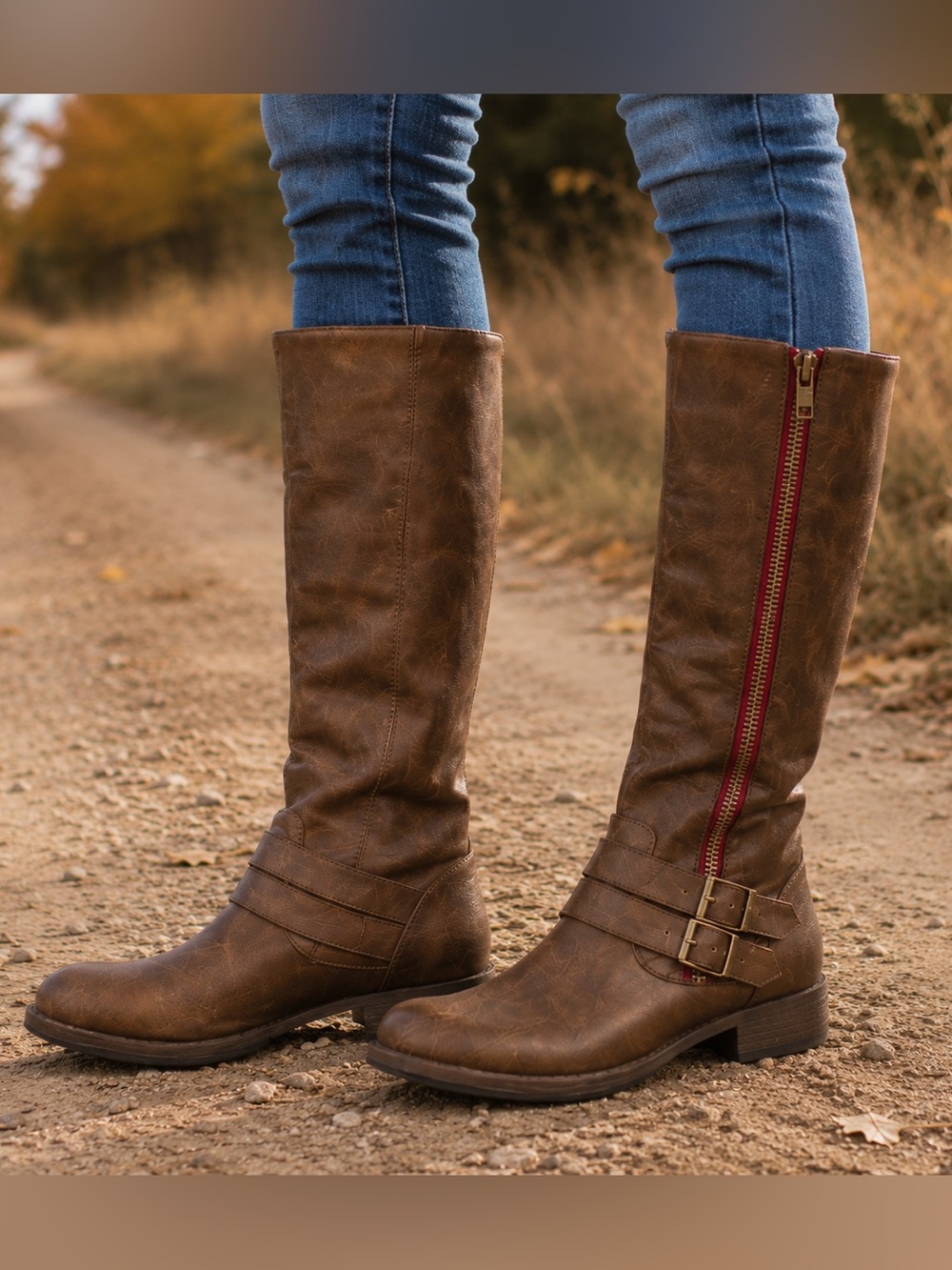 Journee Collection Brown Wide Calf Riding Boots Buckle Zip Size 10